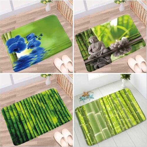 Doormat Green Bamboo Bathroom Mat Buddha Flower Plant Pattern Non-slip Rugs Toilet Kitchen Entrance Aisle Carpet Floor Decor Pad