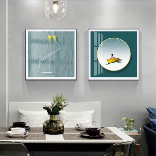 Colorful Geometric Abstract Sea Landscape Sun Figure Bird Girl Boy Canvas Painting Wall Picture Poster Living Room Decoration