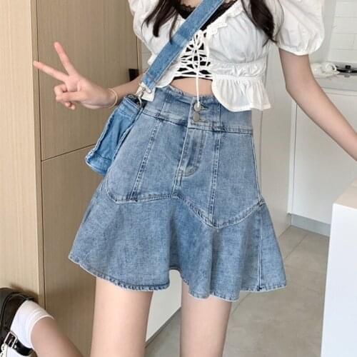 Summer Kawaii Denim Mini Skirt Women Sexy High Waist Y2K Sweet Skirt Female High Streeet Designer Irregular Cute Skirt 2021 New