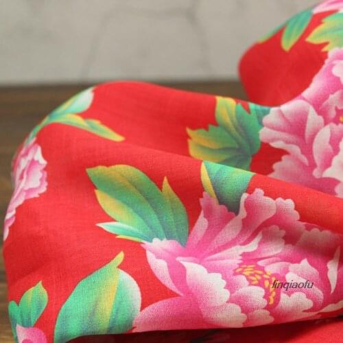 Summer fresh printing rich peony washed fine pure ramie garment fabric