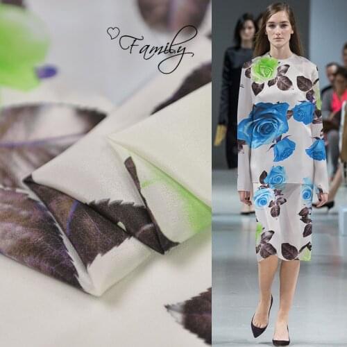 100cm*135cm Blue Rose Printed Soft Smooth CDC 100% Pure Mulberry Crepe De Chine Silk Fabric