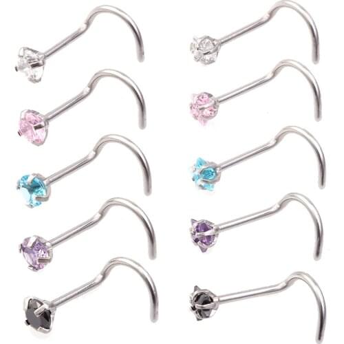 5pcs Nose Studs CZ Crystal Nose Ring Piercing set Nostril Bar Stainless Steel L Shape Screws Fashion for Women Body Jewelry 20G