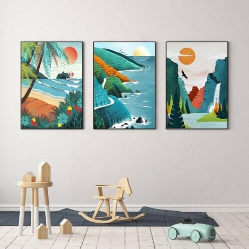 Seaside Forest Park Wall Art Travel Landscape Posters and Print Palm Tree Beach Pictures Eagle Flying Canvas Painting Home Decor