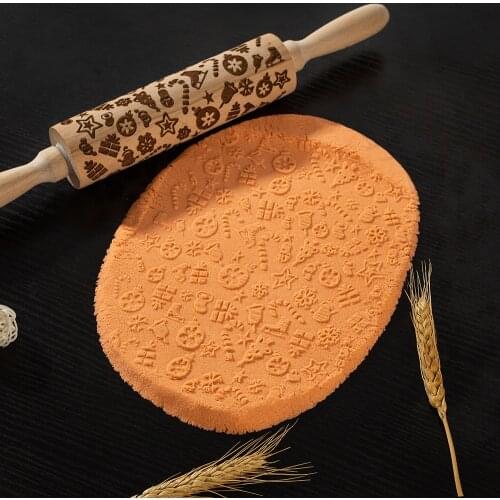 Christmas Elk Wooden Rolling Pin Wood Baking With Pattern Fondant Embossing Cookies Noodle Biscuit Roller vip dropshipping