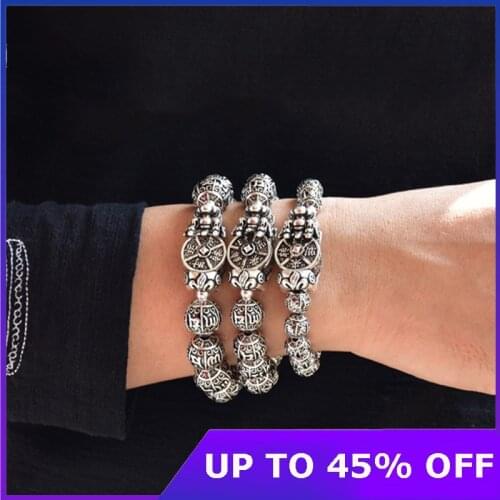 S990 silver Mens Six Words Buddha Beads Bracelets rotatable PiXiu attract wealth Six characters truth ancient hand string Gifts