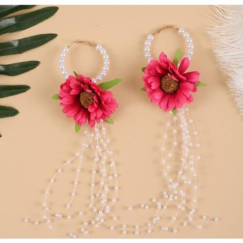 Fashion Ladies Yarn Fabric Simulation Flower Drop Earrings For Women White Pearl Long Tassel Dangle Earring Party Jewelry Gift