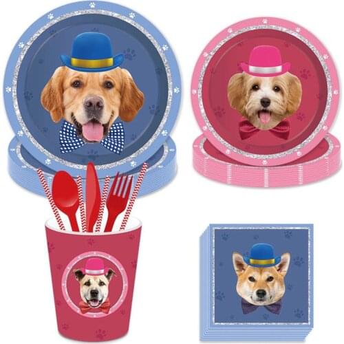Dog Theme Birthday Party Supplies Tableware Plate Cup Napkin Dessert Plates For Boys Baby Shower Pet Party Cake Decoration