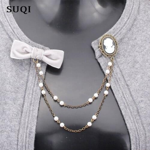 SUQI vintage sweater cardigan Bow cameo brooches pin fashion many colors velvet ribbon Chain brooches for women accessories 2019