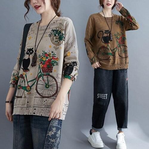 Cartoon Cat Sweater Women Autumn Winter Korean Loose Large Size Tops Ladies Print Retro Pullover Bottoming Shirt Knitwear y740