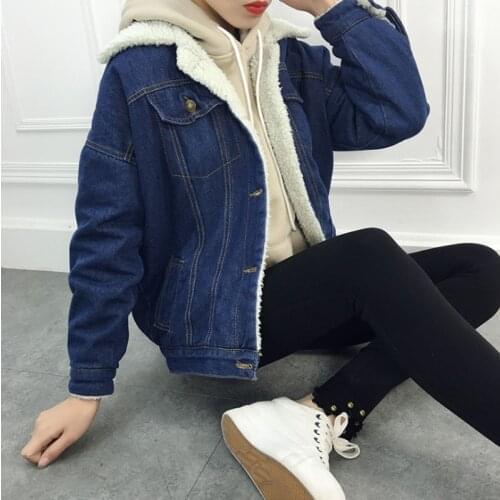 Autumn Winter Female Denim Basic Jackets Pop Lambswool Women Warm Jeans Coat Long Sleeves Jeans Coat Outwear Wide Denim Jacket