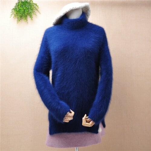 Ladies women fashion hairy mink cashmere knitted long sleeves turtleneck slit tail pullover angora rabbit fur jumper sweater top