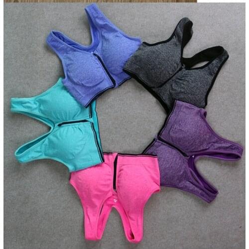 Women Zipper Front Padded Push Up Shockproof Wirefree Tops Gym Fitness Running sujetador deportivo