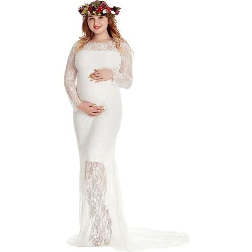 VOGUEON Women Long Sleeve Lace Pregnant Dress for Photography Summer Maternity Fashion Maxi Dress with Train Baby Shower Clothes