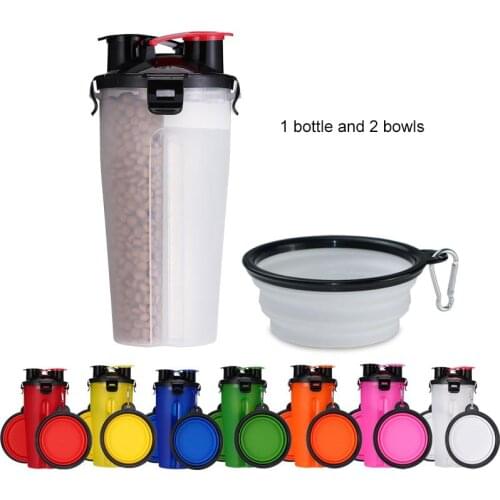 2 IN 1 Dog Travel Water Bottle Collapsible Pet Food Container with Collapse Outdoor Double Used Bowls for Outdoor