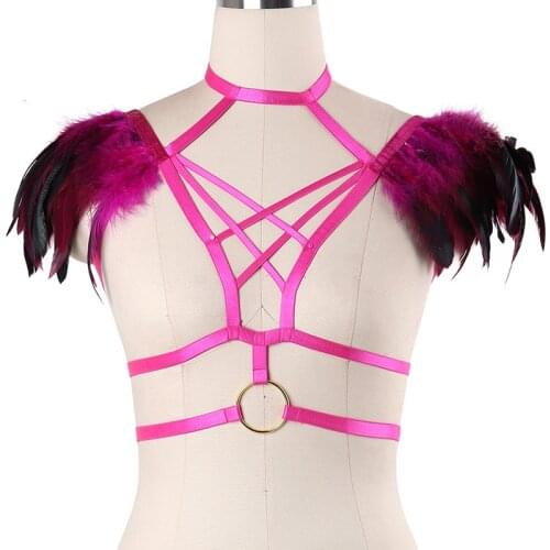 Women Epaulette Wings Shoulder Top Cage Bondage body Harness Bra Sexy Feathers Strap Lingerie Punk Goth Burning festival Rave
