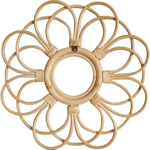 Rattan Round Mirror Frame Craft Weave Flower Photo Frame Wall Hanging Mirror Frame Pendant Living Room Bedroom Decoration