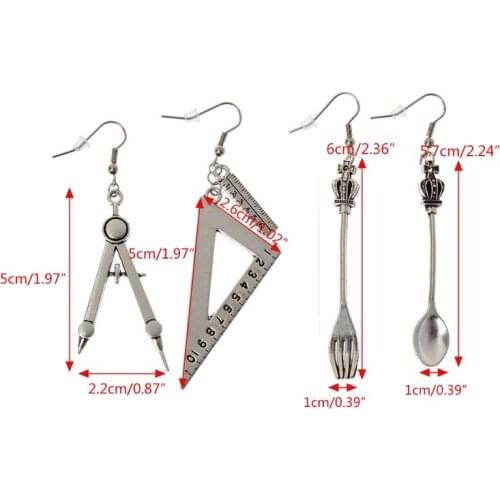 Harajuku Spoon Fork Triangle Ruler Asymmetric Earrings Antique Sliver Jewelry R7RF
