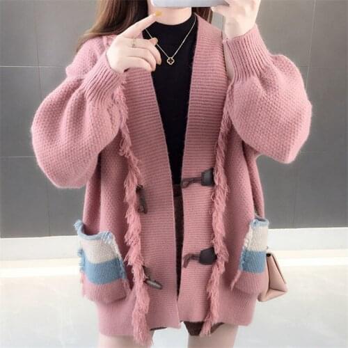 Autumn Winter Knitting Sweater Cardigan Women V-Neck Long Sleeve Knitwear Tops Loose Horn Button Pocket Knit Jacket Coat Female