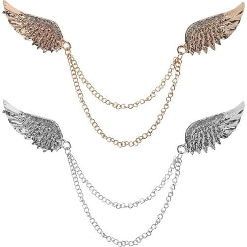 Fashion Rhinestone Pin Brooch Detailing Double Angel Wing Chain Tassel Suit Lapel Shirt Collar Pin Brooch Mens Accessories