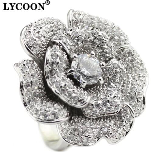 LYCOON Fashion Woman luxury brand big rose flower Zircon Rings hight quality silver plated with CZ Cubic Zircon ring Suit party