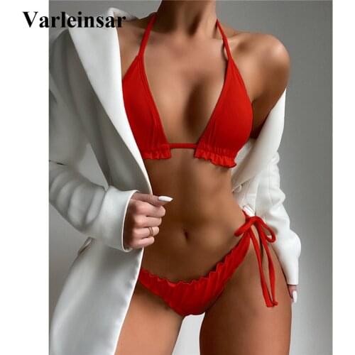 New Ruffled Frilled Brazilian Bikini Female Swimsuit Women Swimwear Two-pieces Bikini set Halter Bather Bathing Suit Swim V2817R