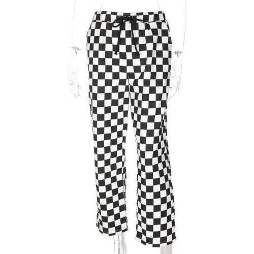 New black and white checkerboard plaid casual straight pants