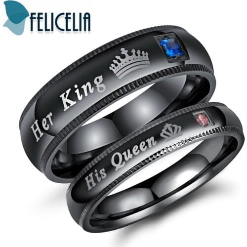 Felicelia His Queen & Her King Stainless Steel Crown Couple Rings Men Women Cubic Zirconia Promise Rings Wedding Engagement Band