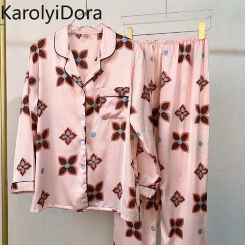 2020 Summer New Pajamas Womens Spring Silk Thin Section Summer Long-Sleeved Loose Simulation Silk Two-piece Suit Home Service
