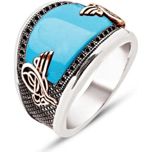 Silver Custom Cut Squeezing Turquoise Embroidered Men 'S Ring