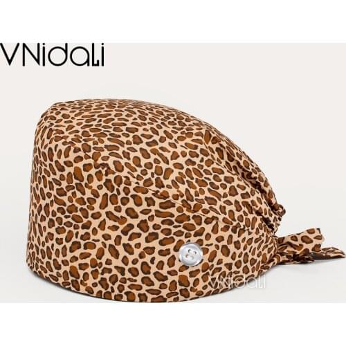 Women Sexy leopard Printed Cotton Cartoon Adjustable Scrub cap With sweat towel Nurse Hat Laboratory Pet Shop Button nursing hat