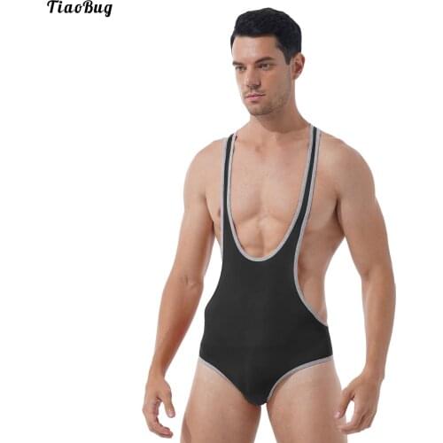 TiaoBug Men Fitness Wrestling Singlet Stretchy Deep U-Neck Sleeveless Skinny Jumpsuits Swimming Leotard Sport Bodysuit Underwear