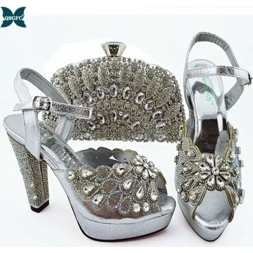 2021 Italian Design New Arrival African Hot Selling Fashion SIlver Color Women Shoes and Bag Set Decorated With Rhinestone