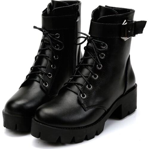 Womens Shoes Martin boots girl rough cool heel belt buckle short boots lace up fashionable leather boots 2020 autumn and winter