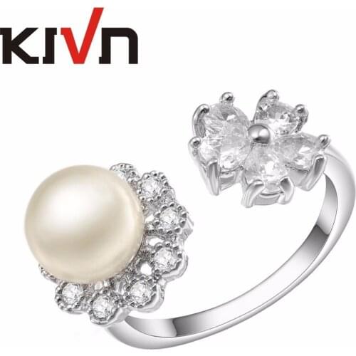 KIVN Fashion Jewelry Elegant CZ Cubic Zirconia Open Adjustable Simulated Pearl Rings for Women Mothers Birthday Christmas Gifts