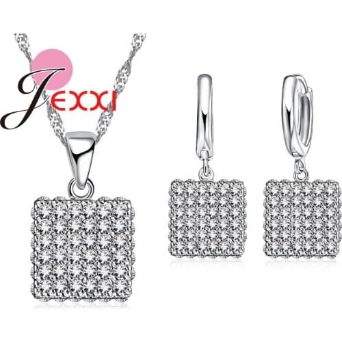 Woman Elegant Wedding Brinco Set Zircon Crystal Square Simple Design Pendant Necklace Earrings Jewelry Sets Free Shipping