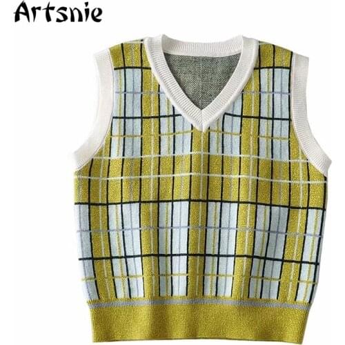 Artsnie vintage plaid sweater vest women autumn o neck sleeveless pull femme streetwear casual crop sweaters female jumper