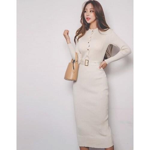 Elegant Long Sleeve Single Breasted Women Knitted Sweater Dress Winter Skinny Stretch Back Split Office Lady Sashes Midi Dress