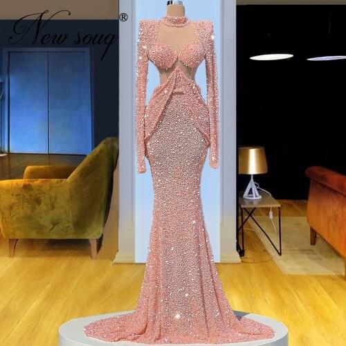 Saudi Arabic Pink Beading Sequins Prom Dresses Cut Out Party Night Dubai Evening Dresses 2021 Red Carpet Dress Celebrity Gowns