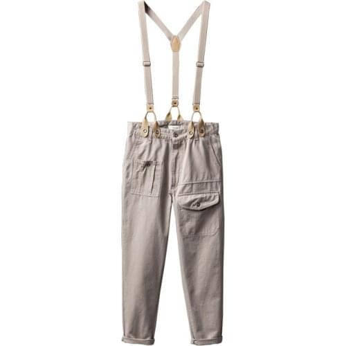 2021 Retro England Removable Overalls Men Bib Jumpsuits Straight Cotton Cargo Pants Apricot Blue Stripe Gentleman Trousers