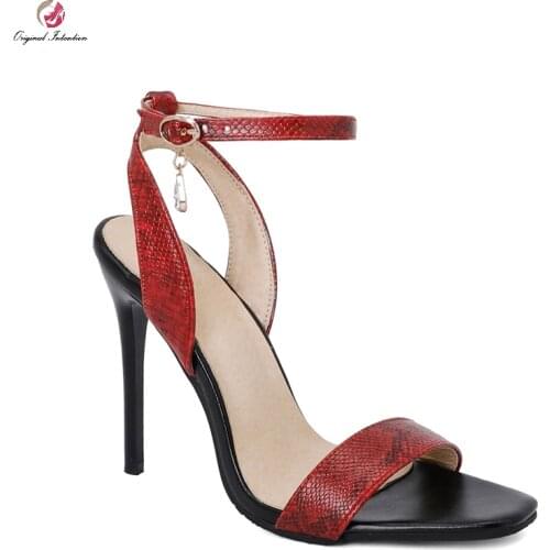 2021 New Red Black Snake Pattern Women Sandals Sexy Pinch Square Toe High Heels Decoration Chain Summer Party Shoes Plus Size 48