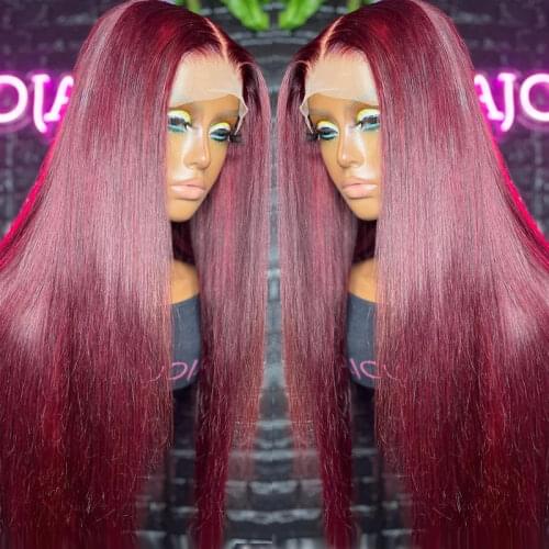 99J Burgundy Long Wig Straight Colored Human Hair Wigs For Women Dark Red Lace Part Wig Pre Plucked Remy Hair
