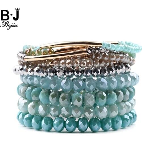 BOJIU 9 Pcs/Set Multilayer Crystal Bracelets For Women Golden Copper Tube Silvery Blue Olivine Cut Crystal Bracelets BCSET250