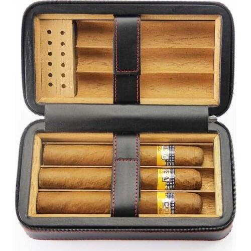 6 Count Cigar Case Holder Black Leather Cedar Wood Lined Cigar Humidor for Men Gifts Cigar Box Travel Smoking Accessories