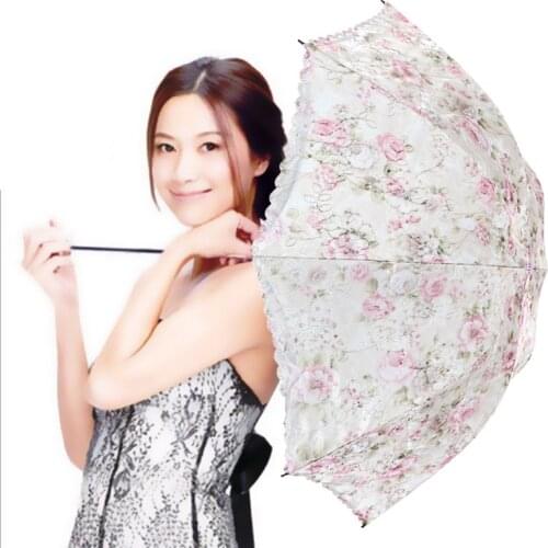 Flower White Lace Umbrellas Rain Women 3 Folding Anti UV Sun Protection Parasol Strong Windproof Female Sunshade Travel korean