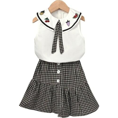 Children girls sets kids baby clothes suit summer lapel sleeveless top plaid skirt two-piece sets fashion garment comfortable