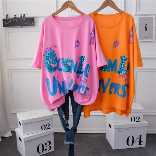 Summer Cool Sequins Streetwear T Shirt Women Short Sleeve Crewneck Cotton Oversized Tee Top Teen Plus Size