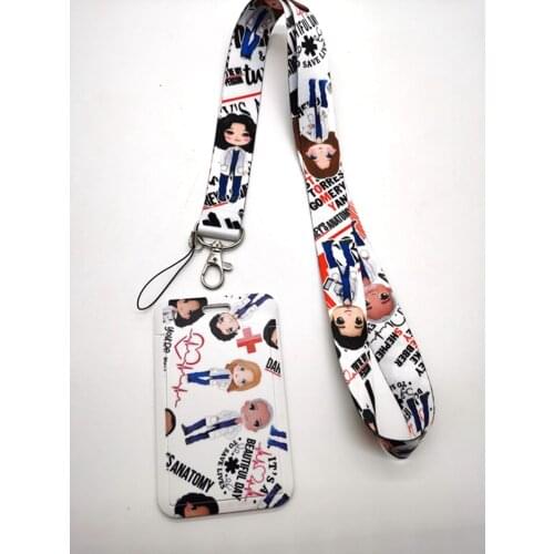 Hot Sale! 1 set Greys Anatomy Doctors nurse Lanyard Neck Strap Card Bus ID Holders With Key Chain