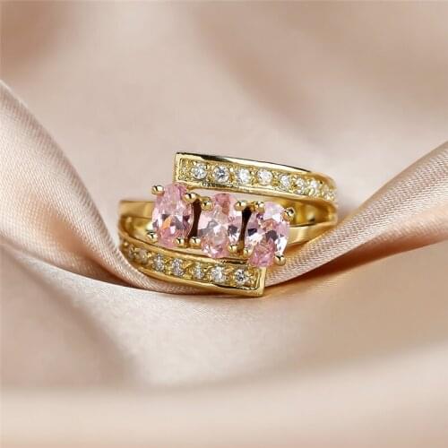 Pink Oval Zircon Three Stone Ring Vintage Yellow Gold Rings For Women Wedding Jewelry Female Luxury Engagement Promise Band Gift