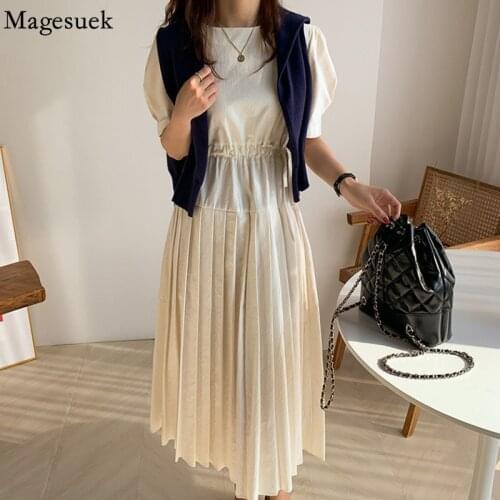 Korean Casual Party Dresses Elegant Pleated Summer Dress 2021 Cotton Bubble Short Sleeve Women Elastic Wait Dress Vestidos 13955
