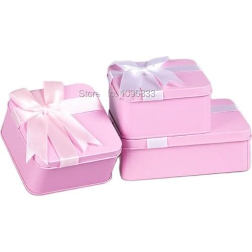 Square Gift Box Pink Color Candy Case, Tin Metal Square Pink Bonbonniere with Ribbon, Emptry Tin Metal Box, 20pcs/Lot